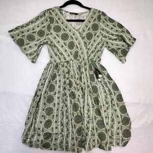 Zudio Green Floral Cotton Wrap Mini Dress Boho V-Neck Butterfly Sleeve Small